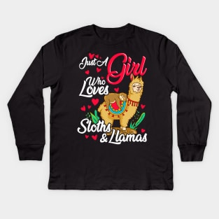 Cute Just A Girl Who Loves Sloths & Llamas Kids Long Sleeve T-Shirt